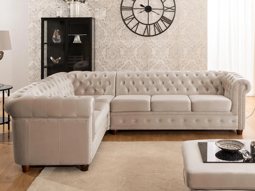 Narożnik sześcioosobowy pikowany Chesterfield FELIX BLINK 2+E+3 z kryształkami 264x210 — Riviera 21