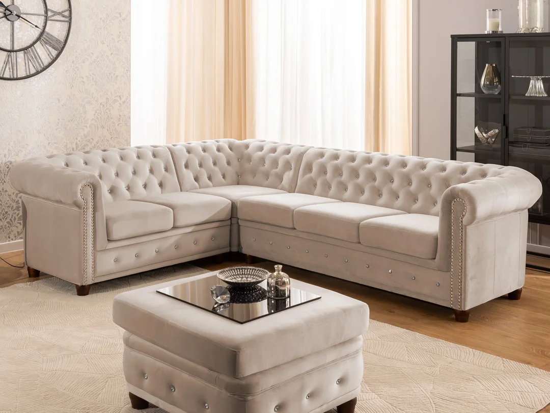 Narożnik sześcioosobowy pikowany Chesterfield FELIX BLINK 2+E+3 z kryształkami 264x210 — Riviera 21