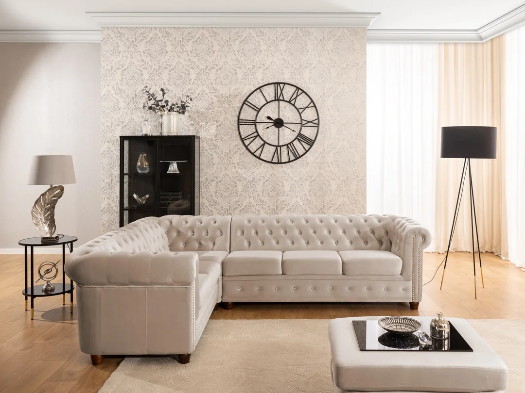 Narożnik sześcioosobowy pikowany Chesterfield FELIX BLINK 2+E+3 z kryształkami 264x210 — Riviera 21