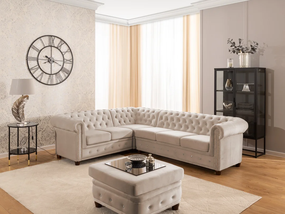 Narożnik sześcioosobowy pikowany Chesterfield FELIX BLINK 2+E+3 z kryształkami 264x210 — Riviera 21