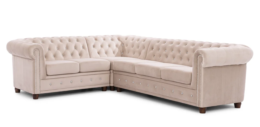 Narożnik sześcioosobowy pikowany Chesterfield FELIX BLINK 2+E+3 z kryształkami 264x210 — Riviera 21
