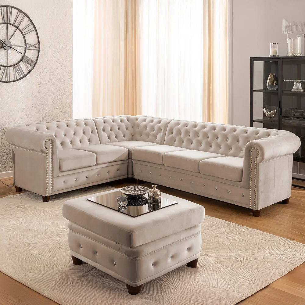 Narożnik sześcioosobowy pikowany Chesterfield FELIX BLINK 2+E+3 z kryształkami 264x210 — Riviera 21