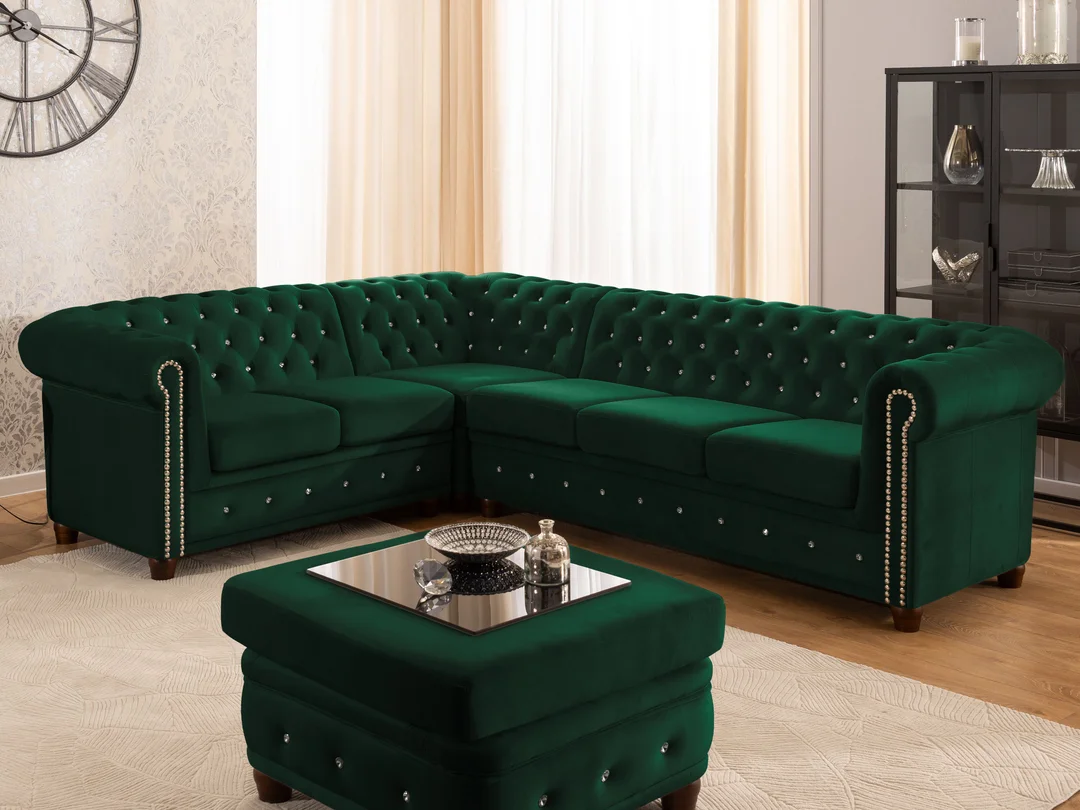 Narożnik sześcioosobowy pikowany Chesterfield FELIX BLINK 2+E+3 z kryształkami 264x210 — Riviera 38