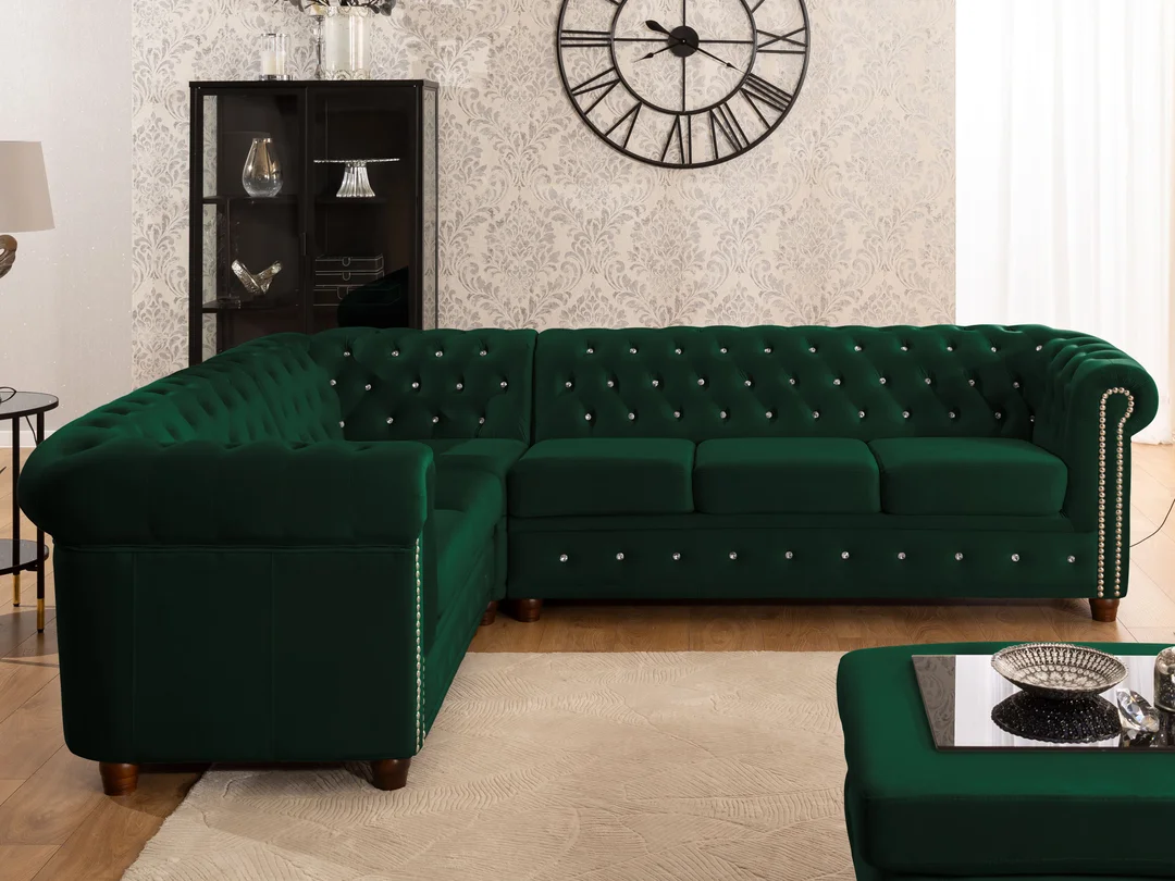 Narożnik sześcioosobowy pikowany Chesterfield FELIX BLINK 2+E+3 z kryształkami 264x210 — Riviera 38