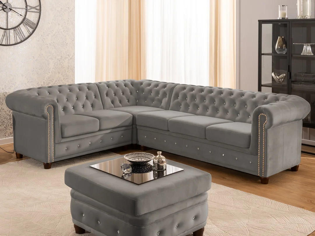 Narożnik sześcioosobowy pikowany Chesterfield FELIX BLINK 2+E+3 z kryształkami 264x210 — Riviera 91