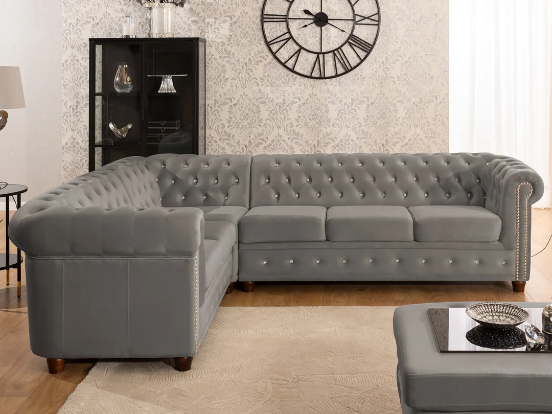 Narożnik sześcioosobowy pikowany Chesterfield FELIX BLINK 2+E+3 z kryształkami 264x210 — Riviera 91