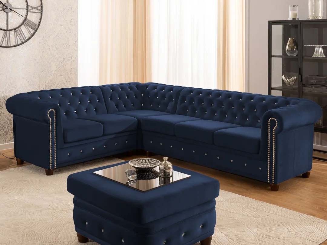 Narożnik sześcioosobowy pikowany Chesterfield FELIX BLINK 2+E+3 z kryształkami 264x210 — Riviera 81