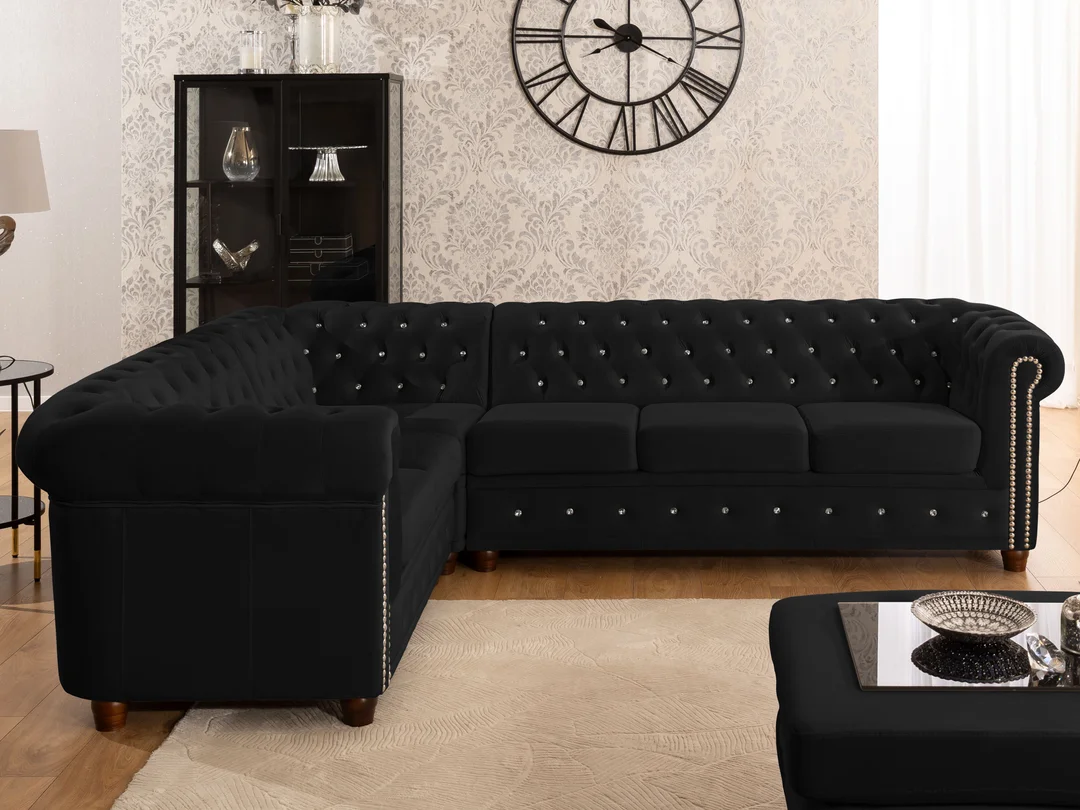 Narożnik sześcioosobowy pikowany Chesterfield FELIX BLINK 2+E+3 z kryształkami 264x210 — Riviera 100