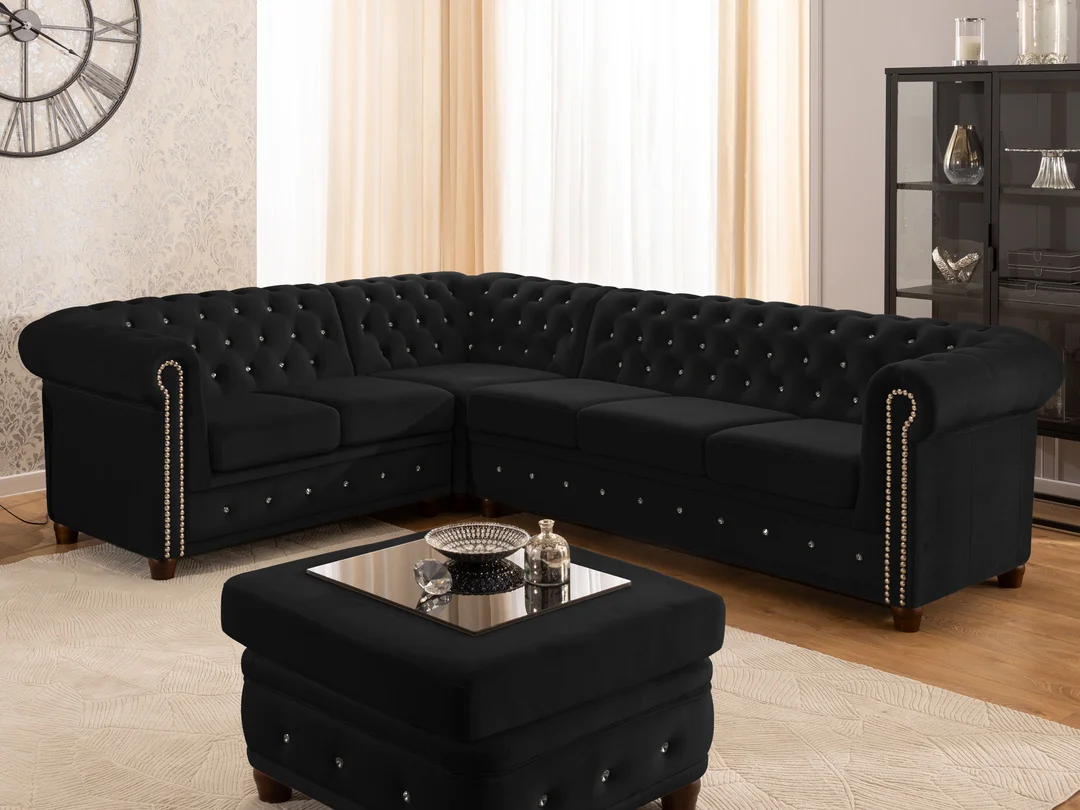 Narożnik sześcioosobowy pikowany Chesterfield FELIX BLINK 2+E+3 z kryształkami 264x210 — Riviera 100