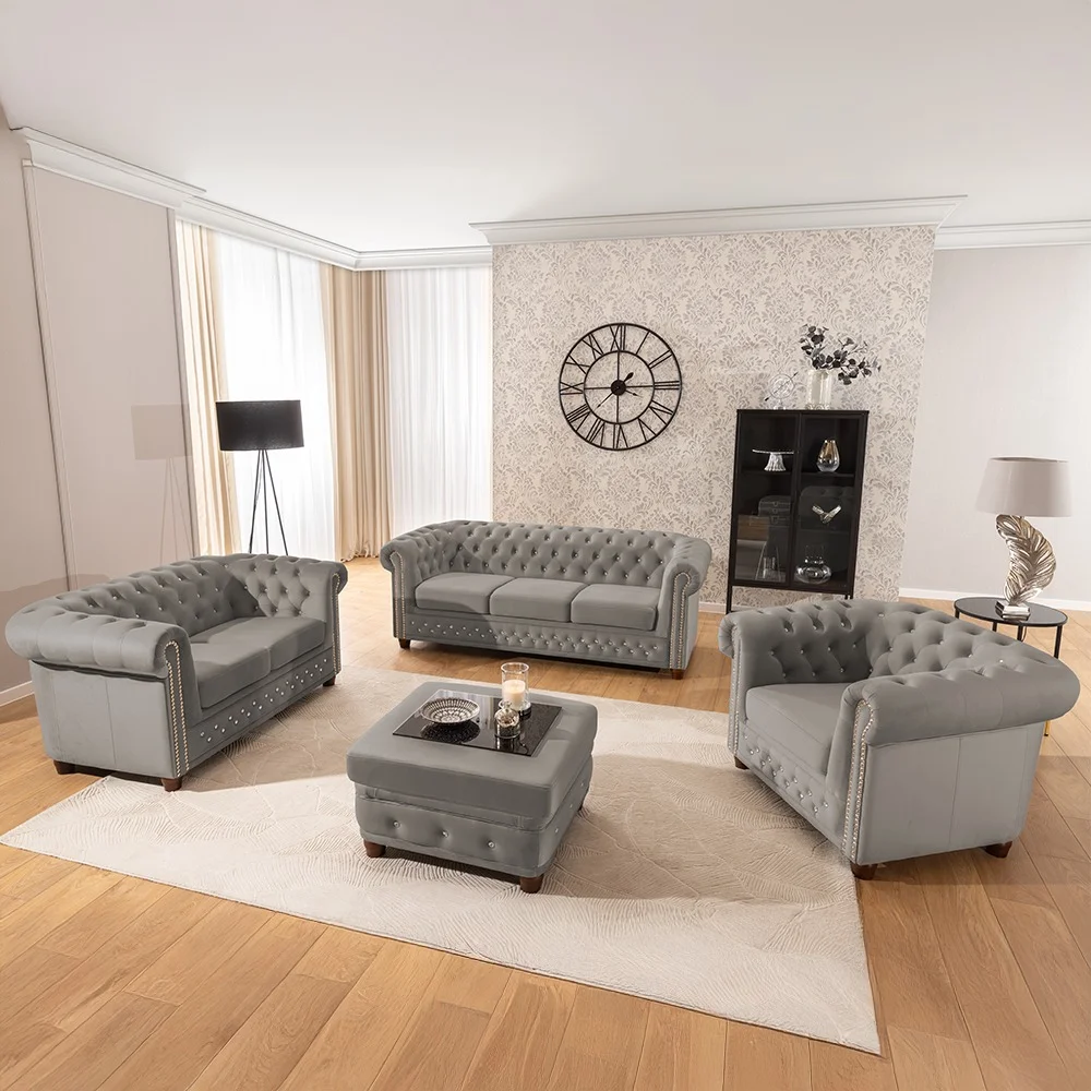 Zestaw mebli pikowanych z kryształkami Chesterfield 2+1 FELIX BLINK — Riviera 91