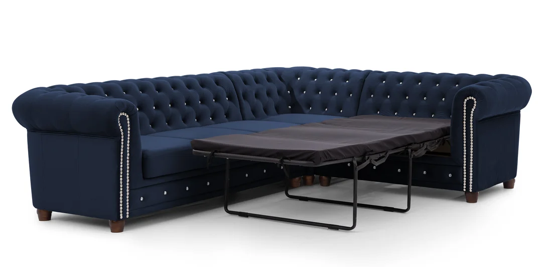 Granatowy narożnik Chesterfield z funkcją spania FELIX BLINK 3+E+2 z Kryształkami 264x210 — zdjęcie 2