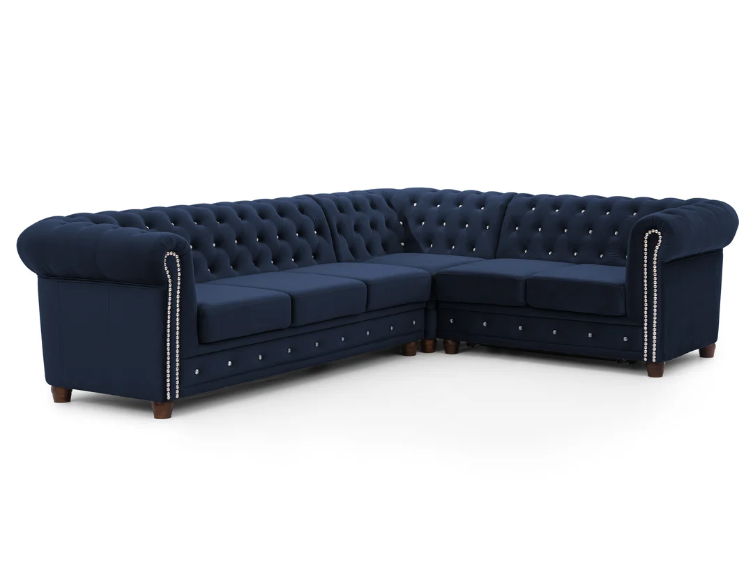 Granatowy narożnik Chesterfield z funkcją spania FELIX BLINK 3+E+2 z Kryształkami 264x210 — zdjęcie 11