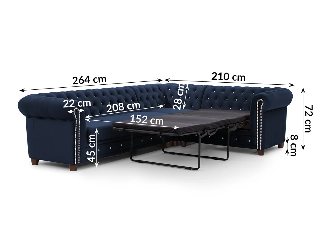 Granatowy narożnik Chesterfield z funkcją spania FELIX BLINK 3+E+2 z Kryształkami 264x210 — zdjęcie 3