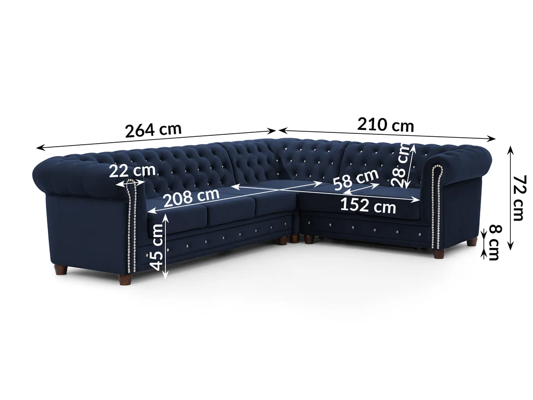 Granatowy narożnik Chesterfield z funkcją spania FELIX BLINK 3+E+2 z Kryształkami 264x210 — zdjęcie 4