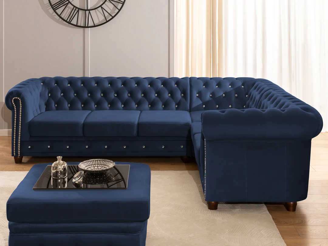 Granatowy narożnik Chesterfield z funkcją spania FELIX BLINK 3+E+2 z Kryształkami 264x210 — zdjęcie 5