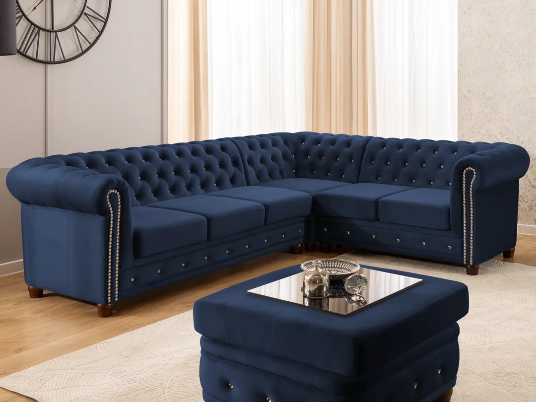 Granatowy narożnik Chesterfield z funkcją spania FELIX BLINK 3+E+2 z Kryształkami 264x210 — zdjęcie 6