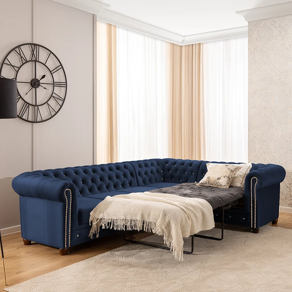 Granatowy narożnik Chesterfield z funkcją spania FELIX BLINK 3+E+2 z Kryształkami 264x210 — zdjęcie 1