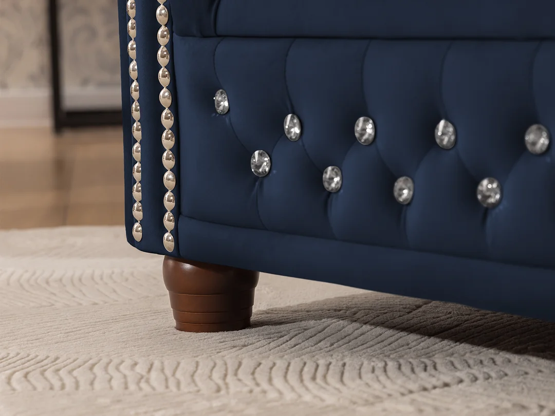 Granatowy narożnik Chesterfield z funkcją spania FELIX BLINK 3+E+2 z Kryształkami 264x210 — zdjęcie 9