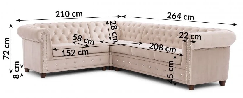 Narożnik sześcioosobowy pikowany Chesterfield FELIX BLINK 2+E+3 z kryształkami 264x210 — zdjęcie 5