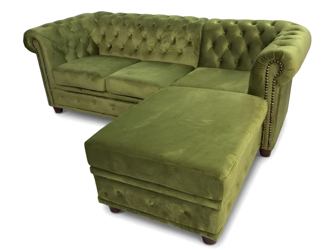 Narożnik pikowany Chesterfield zielony welurowy FELIX 2+OT Tk. French Velvet 657 — zdjęcie 4