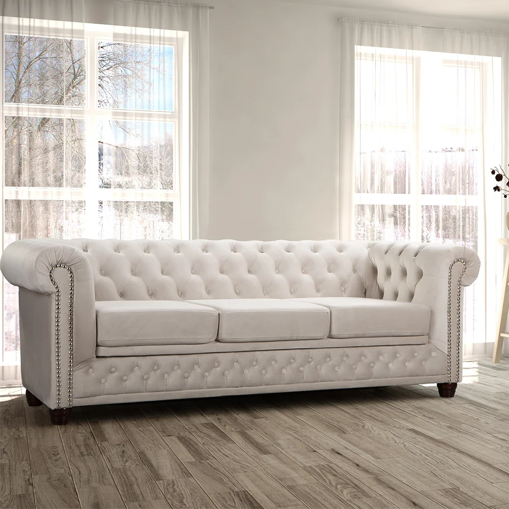 Wygodna sofa do salonu, trzyosobowa pikowana Chesterfield FELIX 3 - Jasny beż 203x86 — zdjęcie 1