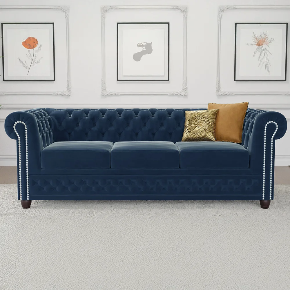 Sofa welurowa pikowana trzyosobowa Chesterfield FELIX 3 Granatowa 203x86 — zdjęcie 1