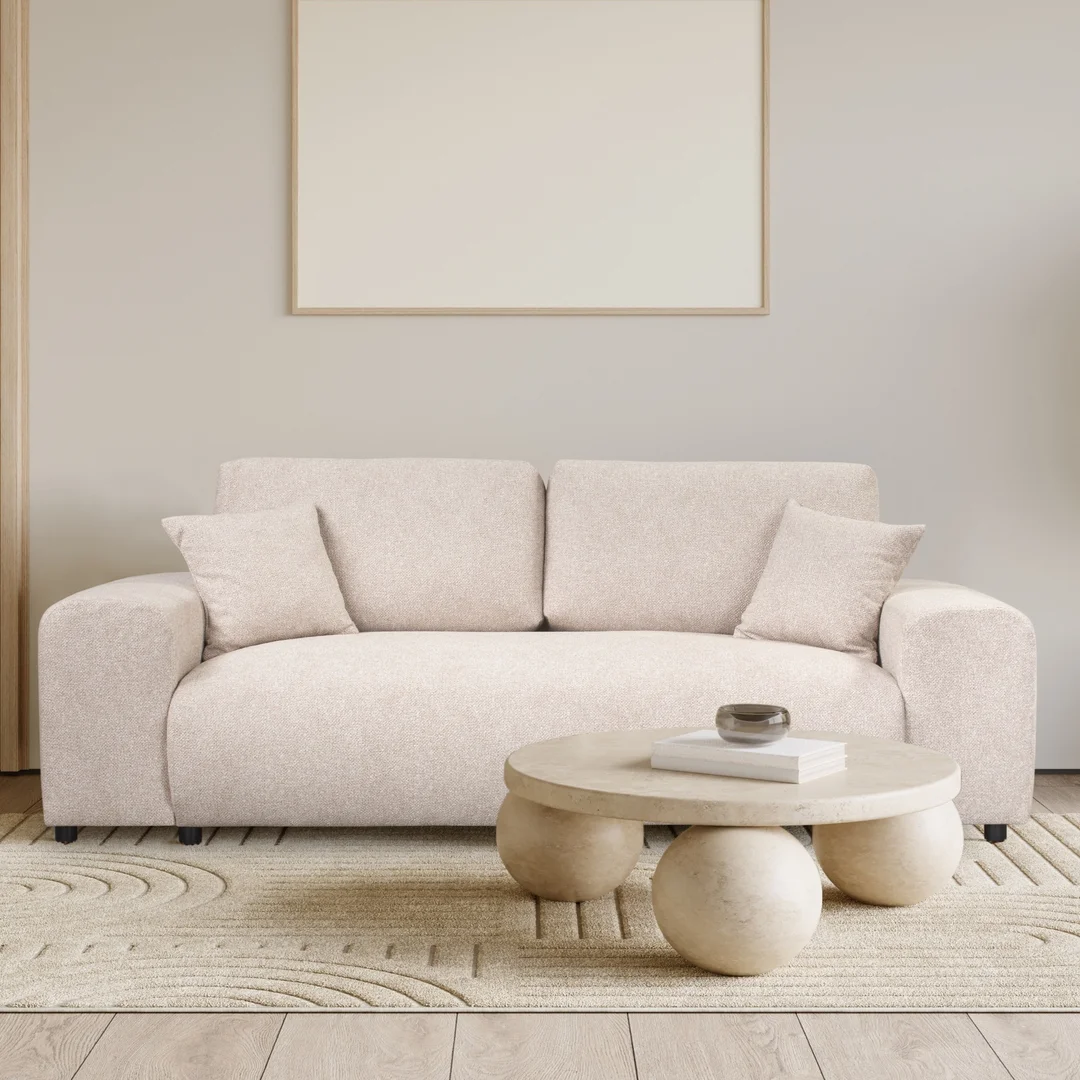 Beżowa sofa Candi – trzyosobowa, nowoczesna, z poduszkami, idealna do przytulnego salonu 213x108 — zdjęcie 1
