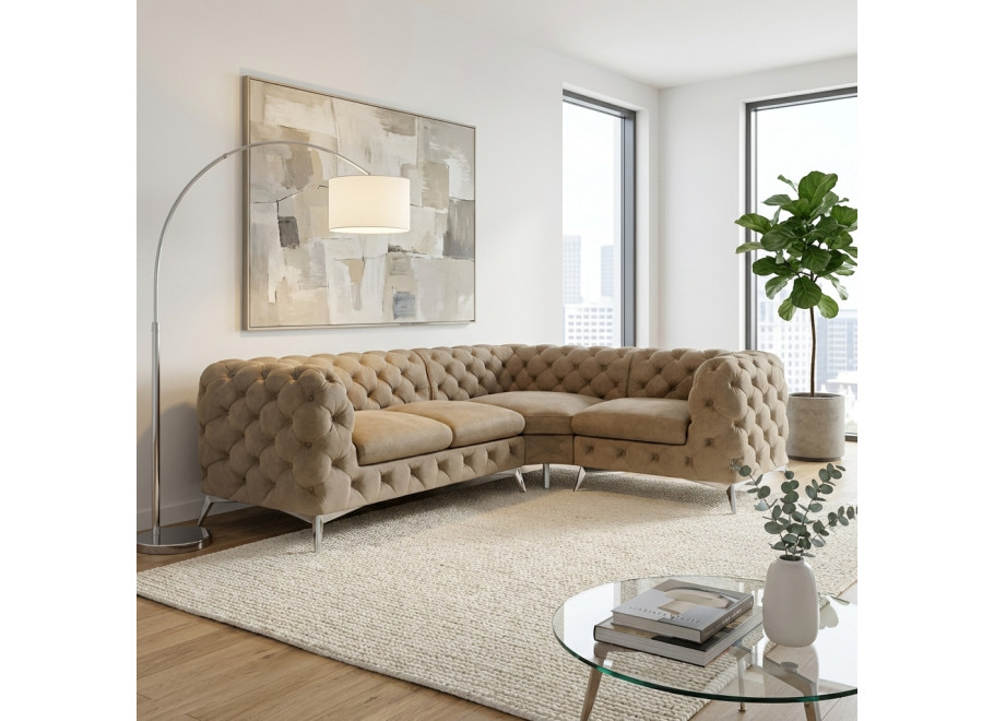 Narożnik Chesterfield – nowoczesny na srebrnych nóżkach TEO 2+E+1 ciepły beż