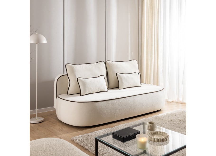 Sofa z funkcją spania i pojemnikiem Bali jasna tkanina pluszowa, ozdobna lamówka - Soft 1 + Soft 6 (lamówka)