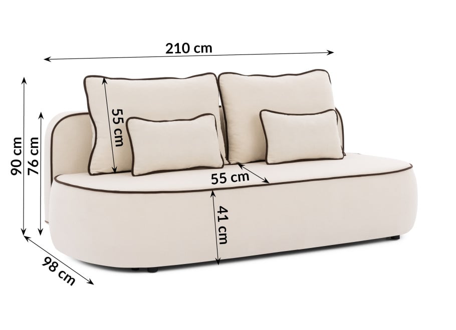 Sofa z funkcją spania i pojemnikiem Bali jasna tkanina pluszowa, ozdobna lamówka - Soft 1 + Soft 6 (lamówka)