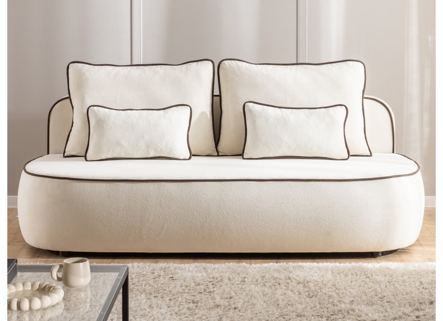 Sofa z funkcją spania i pojemnikiem Bali jasna tkanina pluszowa, ozdobna lamówka - Soft 1 + Soft 6 (lamówka)