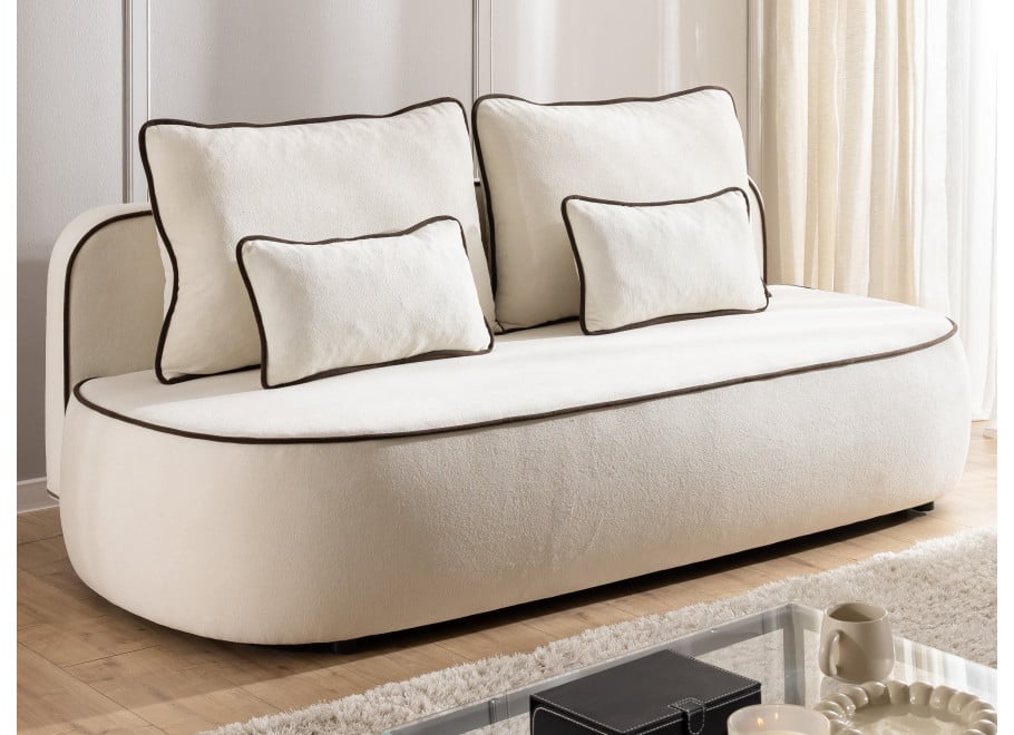 Sofa z funkcją spania i pojemnikiem Bali jasna tkanina pluszowa, ozdobna lamówka - Soft 1 + Soft 6 (lamówka)