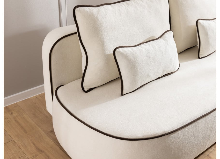 Sofa z funkcją spania i pojemnikiem Bali jasna tkanina pluszowa, ozdobna lamówka - Soft 1 + Soft 6 (lamówka)
