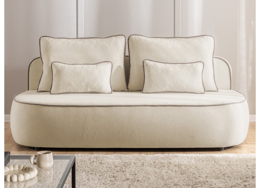 Rozkładana sofa trzyosobowa Bali z lamówka beżowy plusz z funkcją spania - Soft 2 + Soft 4