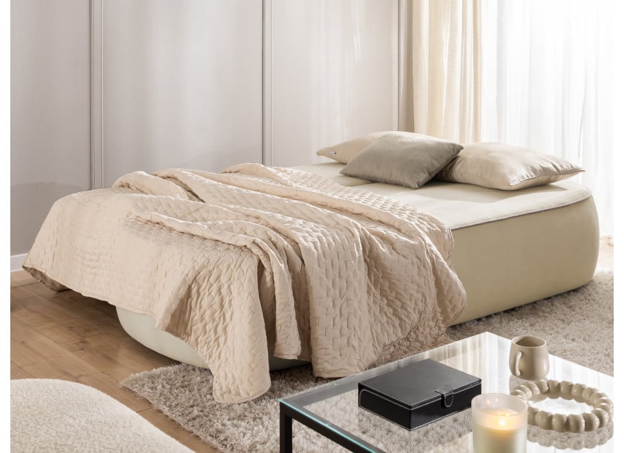 Rozkładana sofa trzyosobowa Bali z lamówka beżowy plusz z funkcją spania - Soft 2 + Soft 4
