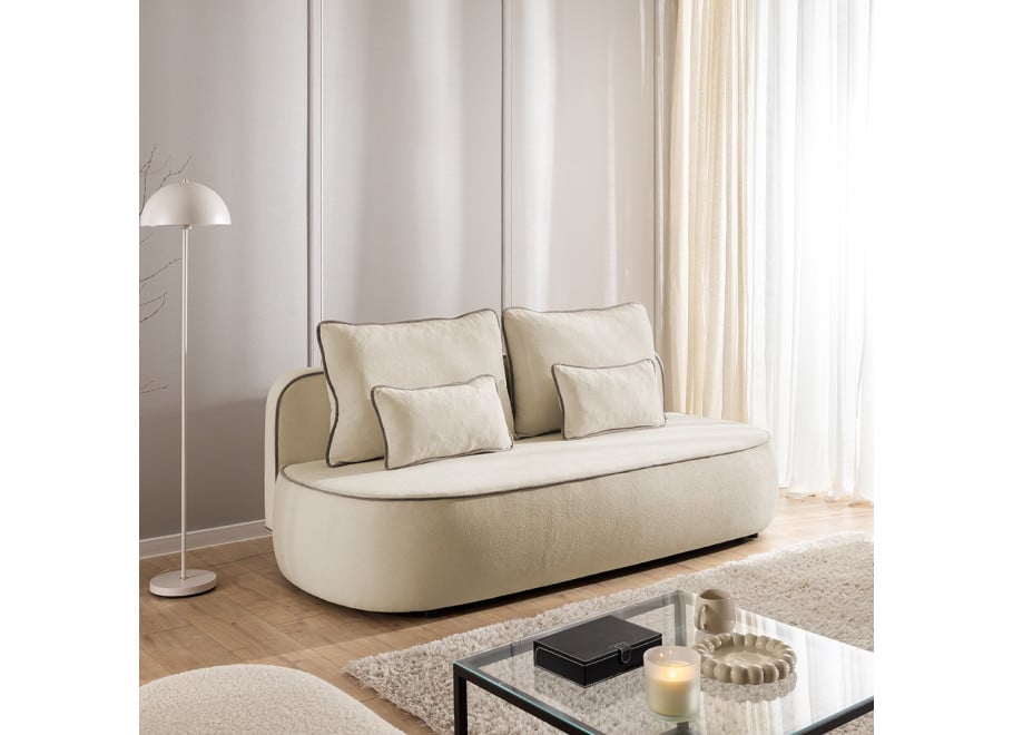 Rozkładana sofa trzyosobowa Bali z lamówka beżowy plusz z funkcją spania - Soft 2 + Soft 4