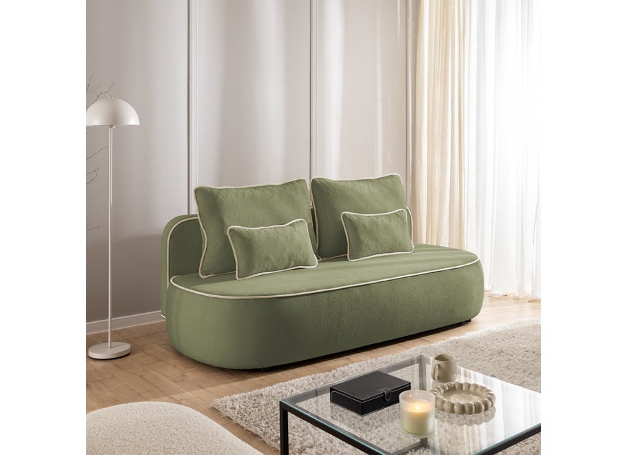 Sofa z funkcją spania Bali zielona pluszowa z ozdobną lamówką i poduszkami - Soft 12 + Soft 2