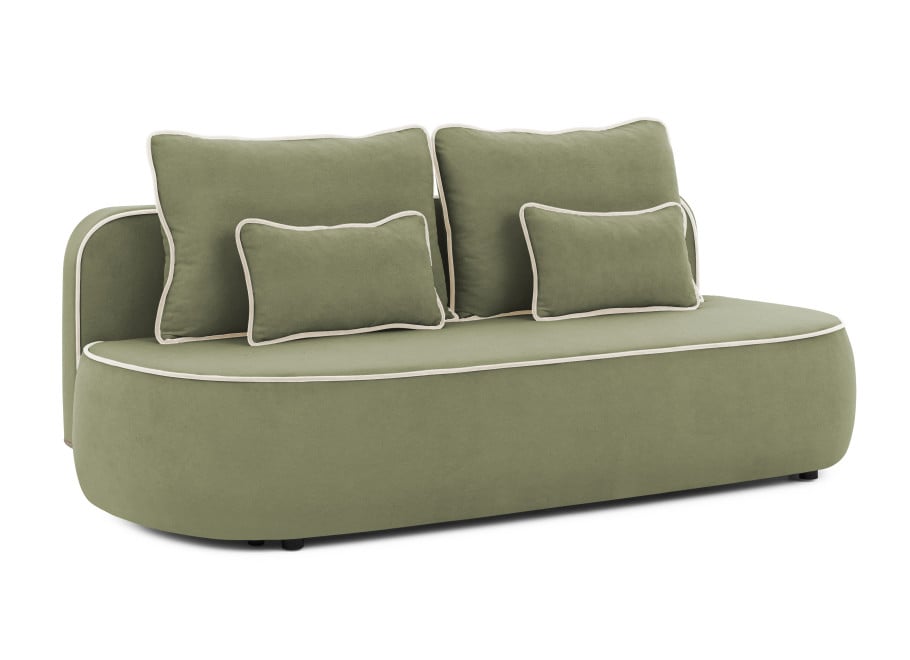Sofa z funkcją spania Bali zielona pluszowa z ozdobną lamówką i poduszkami - Soft 12 + Soft 2