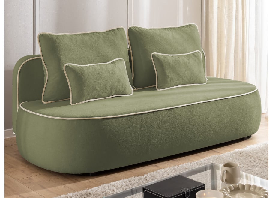 Sofa z funkcją spania Bali zielona pluszowa z ozdobną lamówką i poduszkami - Soft 12 + Soft 2