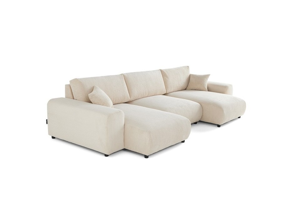 Duży narożnik U nowoczesny Candi beżowy sztruksowy z poduszkami - Lincoln 03