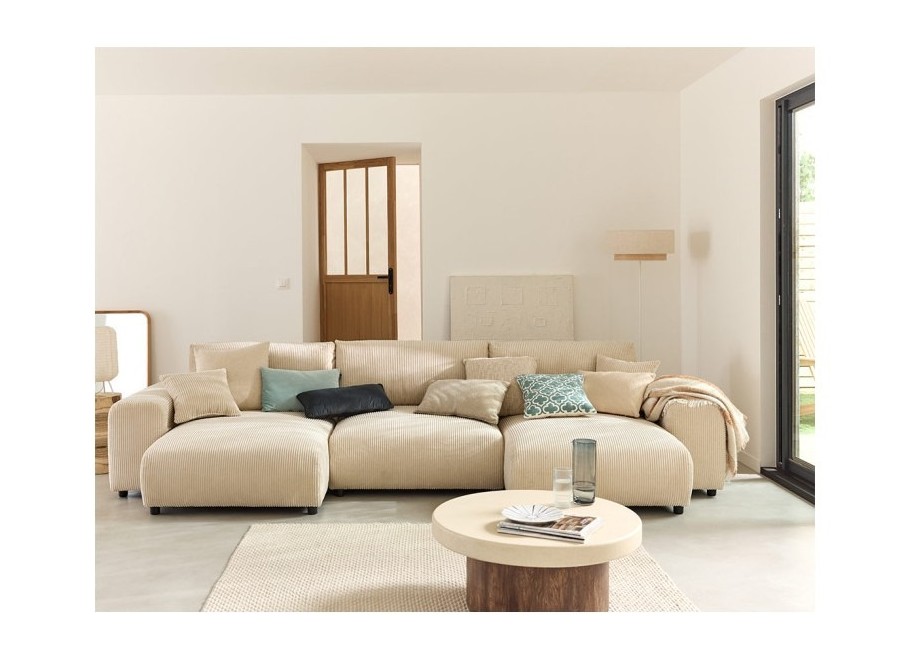 Duży narożnik U nowoczesny Candi beżowy sztruksowy z poduszkami - Lincoln 03