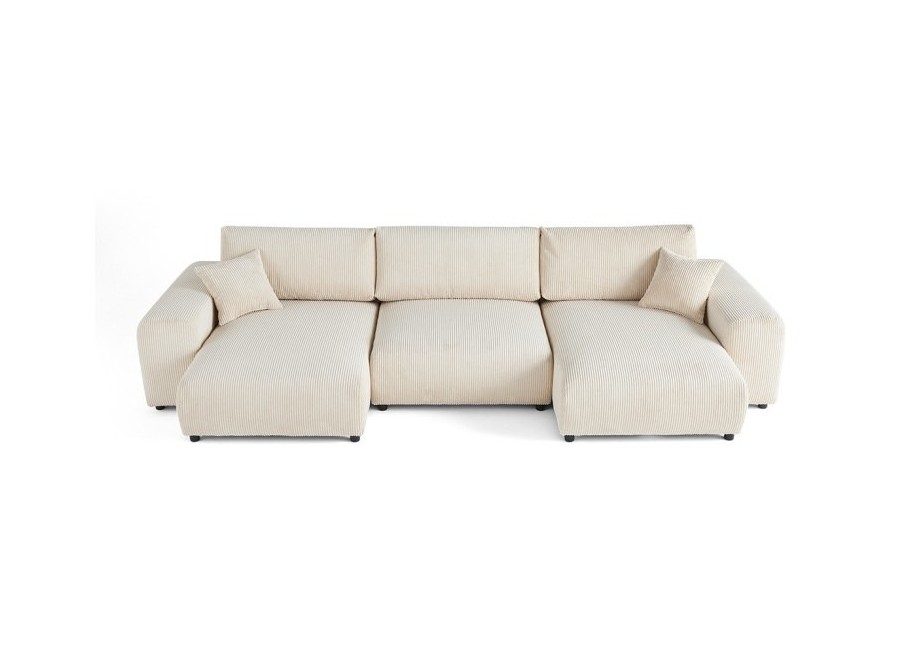 Duży narożnik U nowoczesny Candi beżowy sztruksowy z poduszkami - Lincoln 03