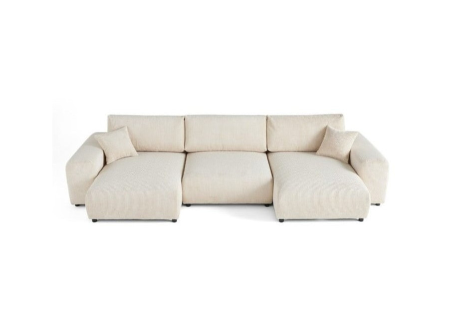 Duży narożnik U nowoczesny Candi beżowy sztruksowy z poduszkami - Lincoln 03