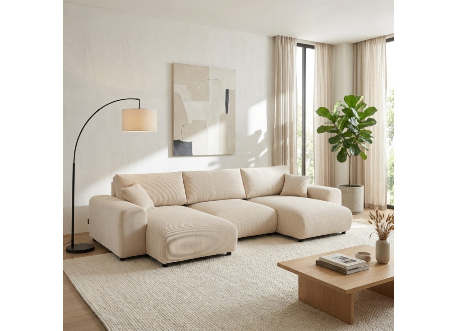 Duży narożnik U nowoczesny Candi beżowy sztruksowy z poduszkami - Lincoln 03