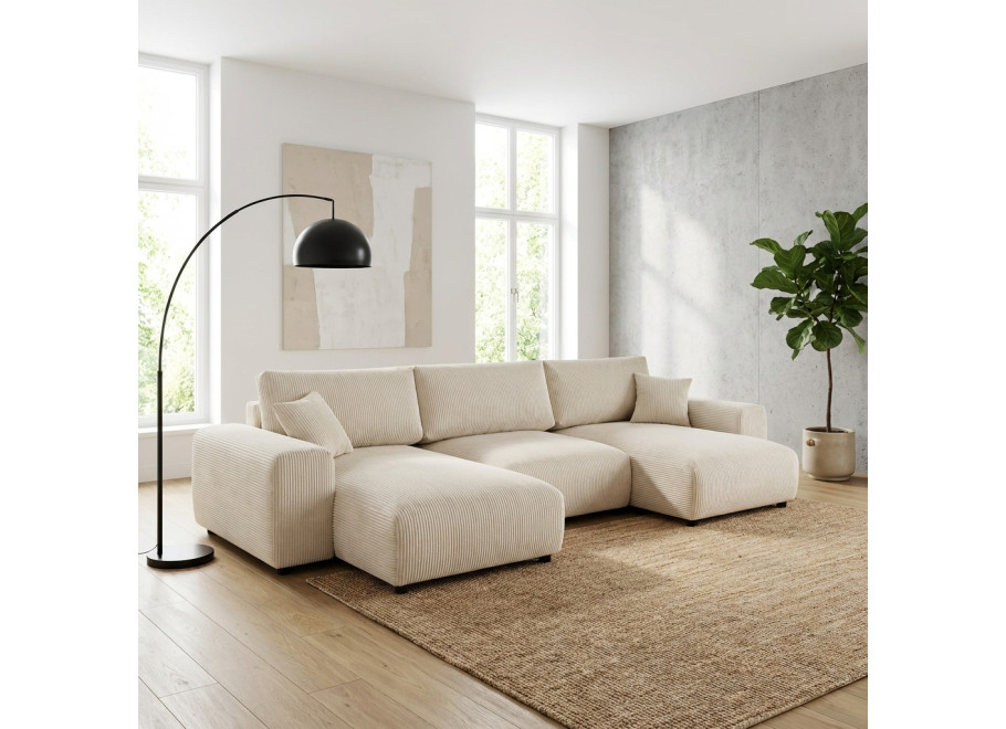 Duży narożnik U nowoczesny Candi beżowy sztruksowy z poduszkami - Lincoln 03