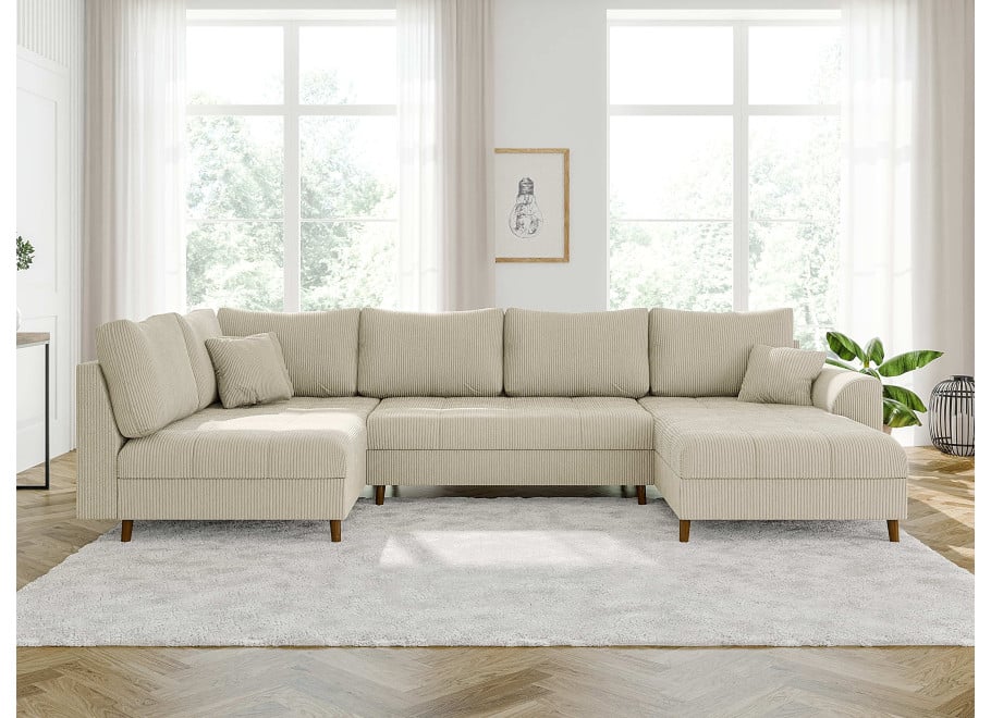 Duży narożnik z przeszyciem nowoczesny Laril U beżowy sztruksowy - Lincoln 03