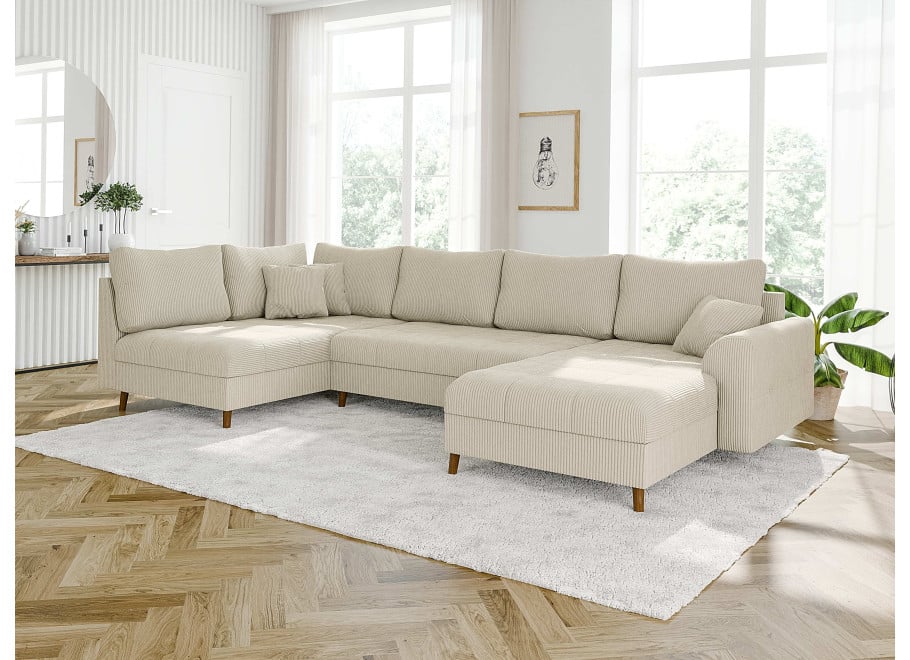 Duży narożnik z przeszyciem nowoczesny Laril U beżowy sztruksowy - Lincoln 03