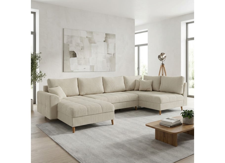 Duży narożnik z przeszyciem nowoczesny Laril U beżowy sztruksowy - Lincoln 03