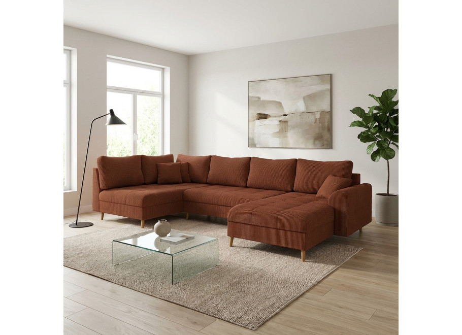 Duży narożnik z przeszyciem nowoczesny Laril U na drewnianych nóżkach