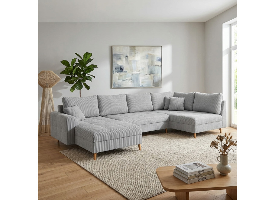 Narożnik nowoczesny szary Laril U na drewnianych nóżkach z przeszyciem - Lincoln 86